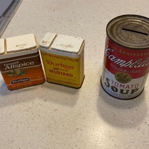 Three vintage tins including campbells soup bank